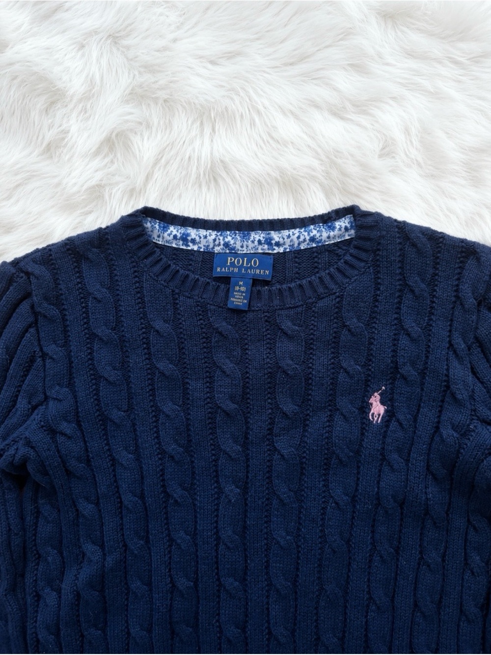 Polo Ralph Lauren Girls Cable Knit Sweater Navy Blue Pink Pony Size M (8–10) - Picture 2 of 2